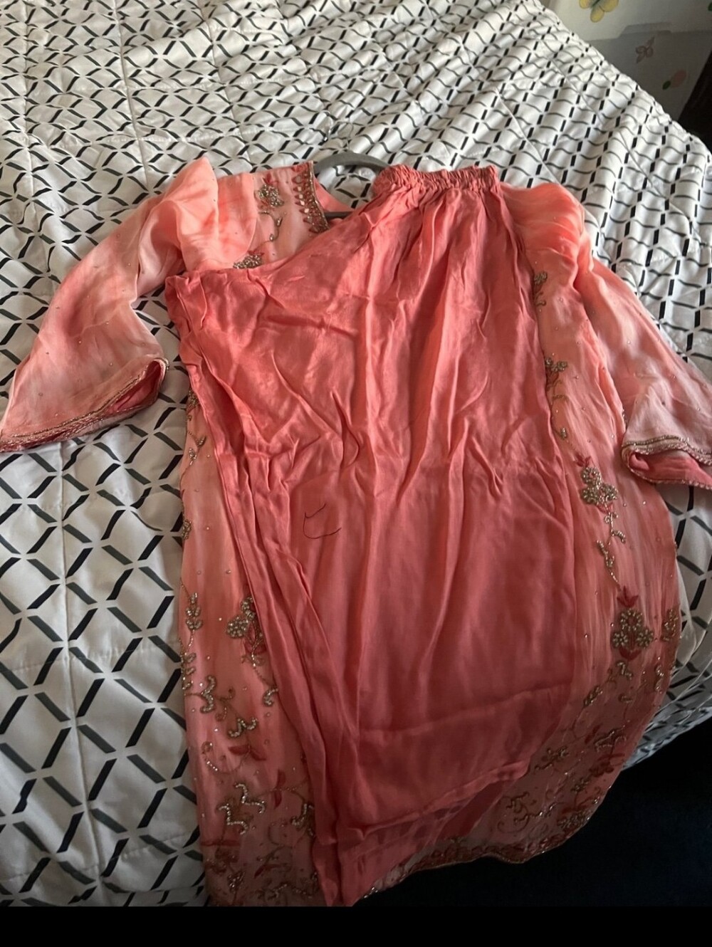 Rhinestone And Mirror Work Coral Salwar Shalwar Kameez - Picture 8 of 11